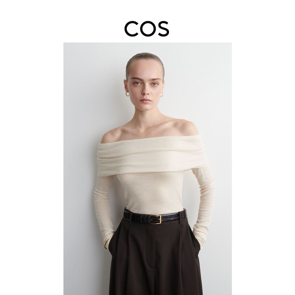COS女装 修身版型羊毛一字领上衣米白色2025秋季新品1304184002
