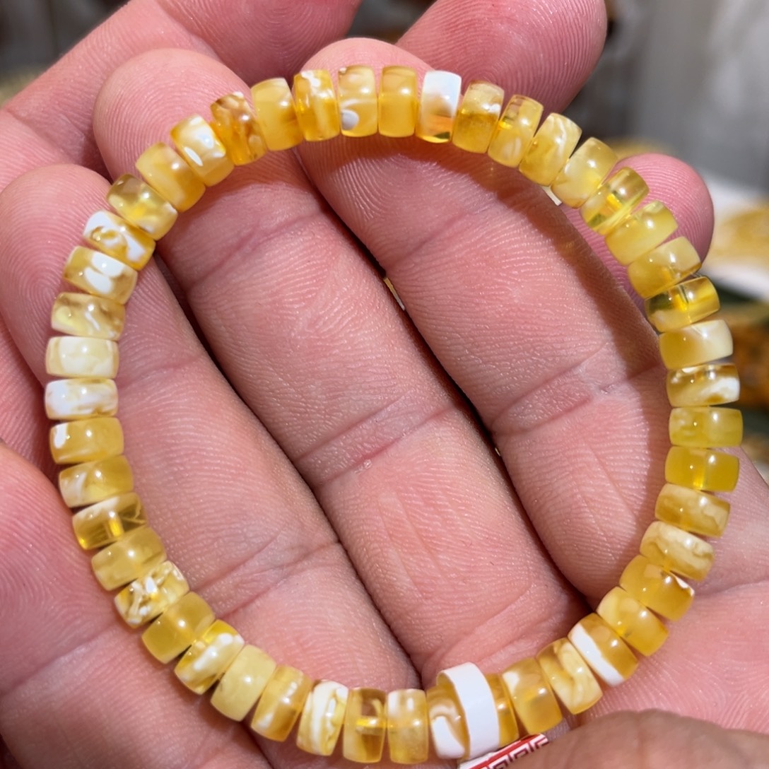 蜜蜡未镶嵌手链微瑕精切瓷白溶洞妖花隔片7.0mm