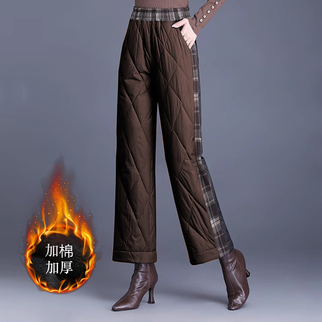 棉裤女士冬季2025新款高端外穿加厚时尚毛呢格纹拼接阔腿裤子