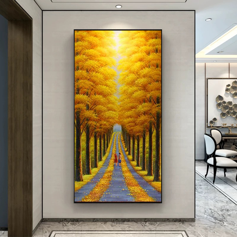 手绘油画黄金大道入户对门发财树玄关装饰画极简轻奢走廊过道挂画