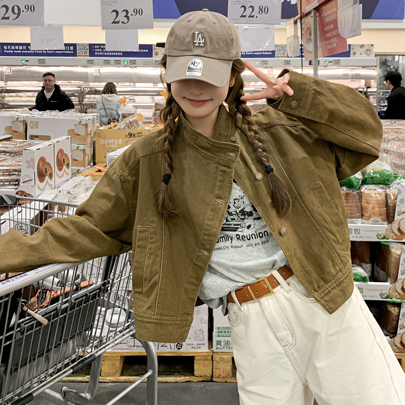 咖色立领减龄外套女秋季2025新款小个子设计感休闲减龄短款夹克潮