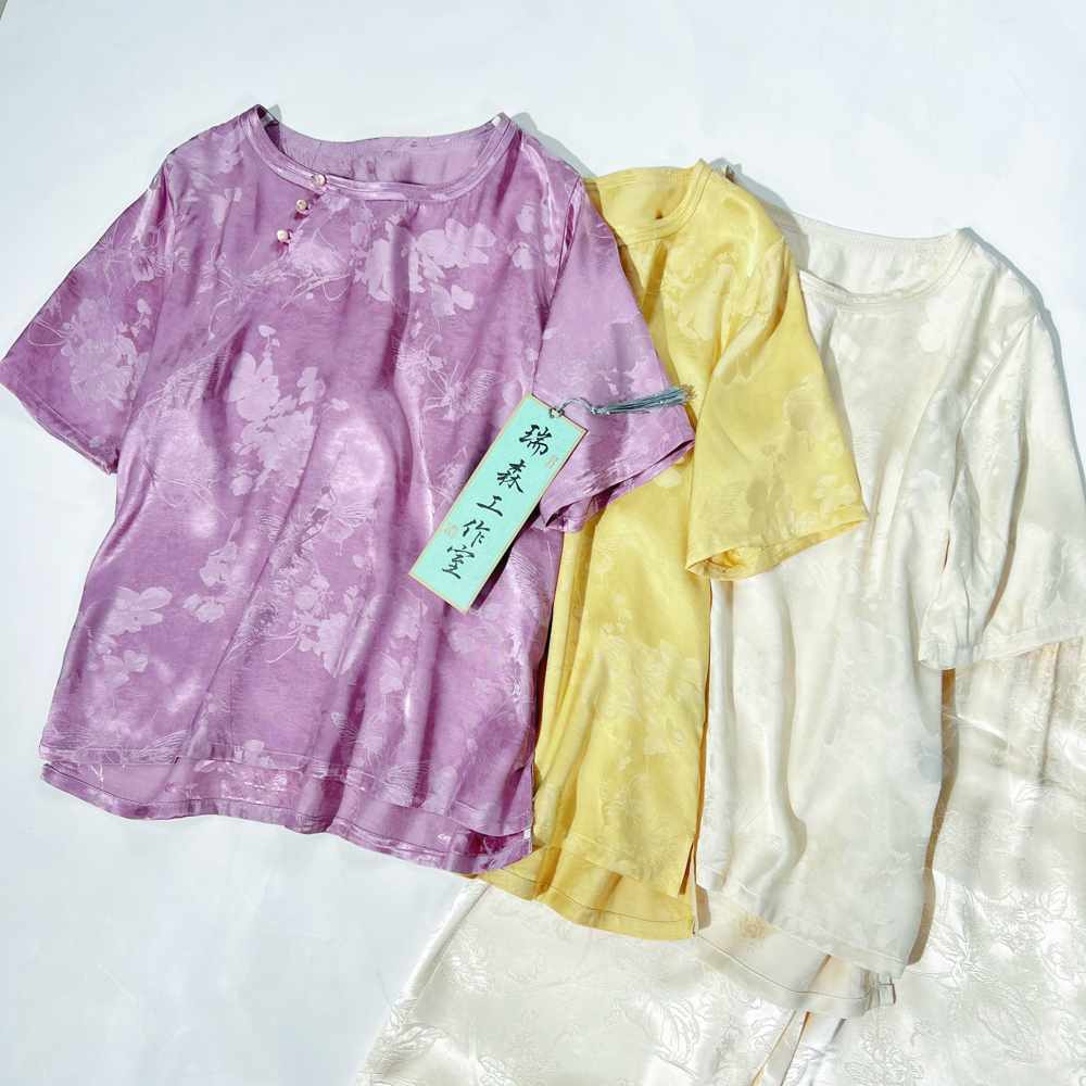 373 新中式国风圆领桑蚕丝短袖T恤提花上衣-胸围102-前长58后长62