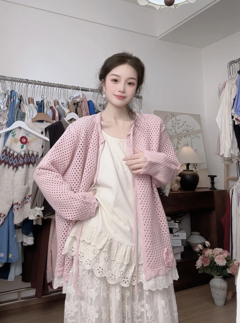 【镂空系带针织】25秋冬新款圆领长袖毛衣宽松大码