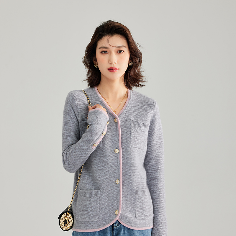 【100% 山羊绒】秋冬肌理纹撞色袖扣针织开衫女羊绒外套CKM0029