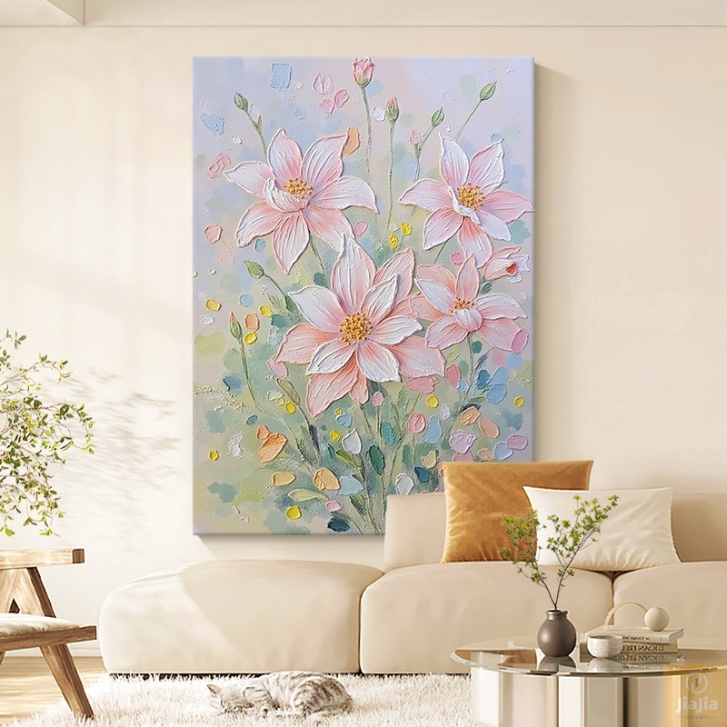粉色抽象花卉奶油风客厅现代装饰画法式入户玄关肌理感挂画油画