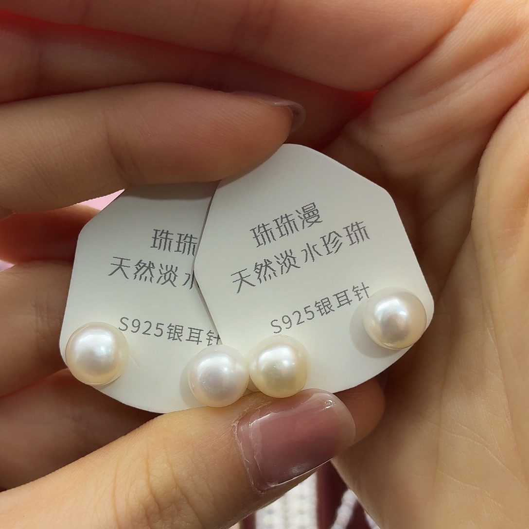 山***年淡水珍珠耳饰银S925镶嵌95微暇