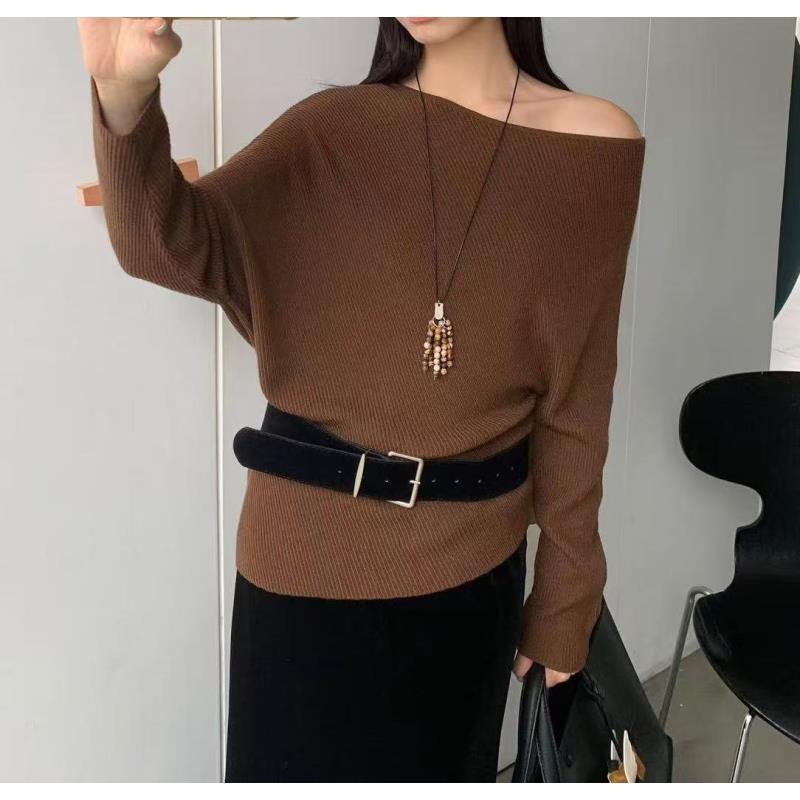 5649号1608#秋冬露肩设计感不规则下摆长袖毛衣（配腰带）B7-24