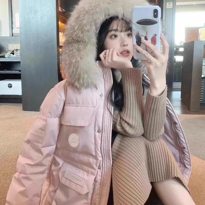 羽绒服鹅绒服女装户外工装加厚情侣派克服冬季超大真毛领外套