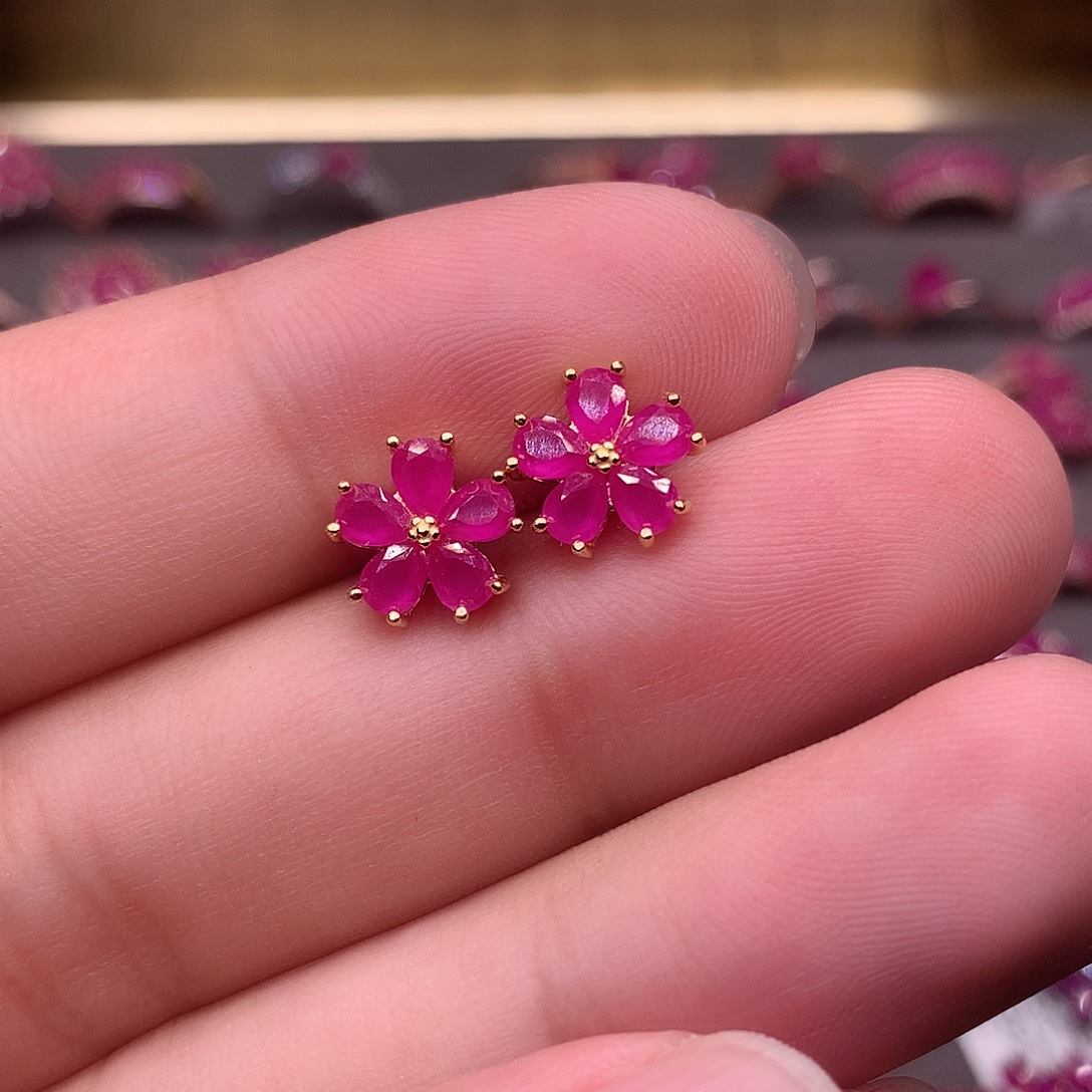 红宝石耳饰银S925镶嵌