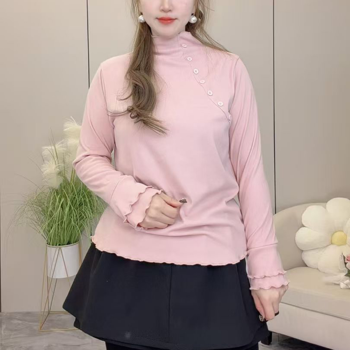 小立领纽扣加绒花边袖T恤洋气打底衫女大码时尚秋冬显瘦上衣