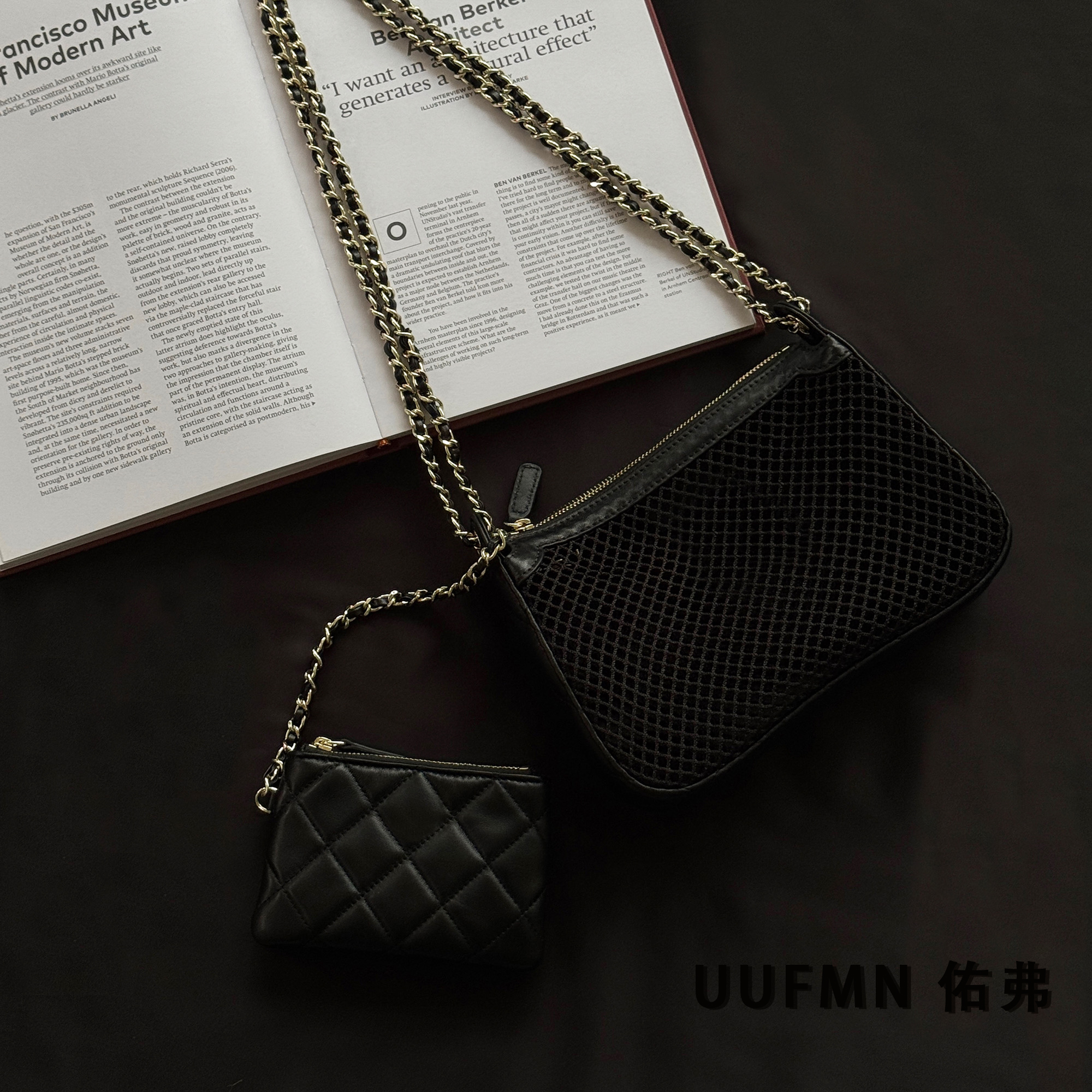 UUFMN｜原厂羊皮渔网度假风手工编织镂空网格 个性链条单肩斜挎包