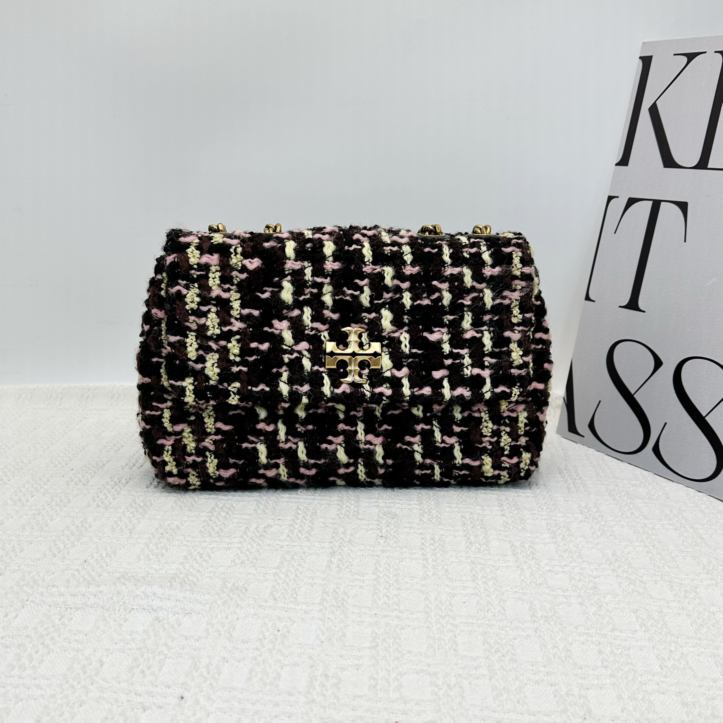 95新 TORY BURCH/汤丽柏琦 Kira单肩翻盖链条包 花呢中号 007经典