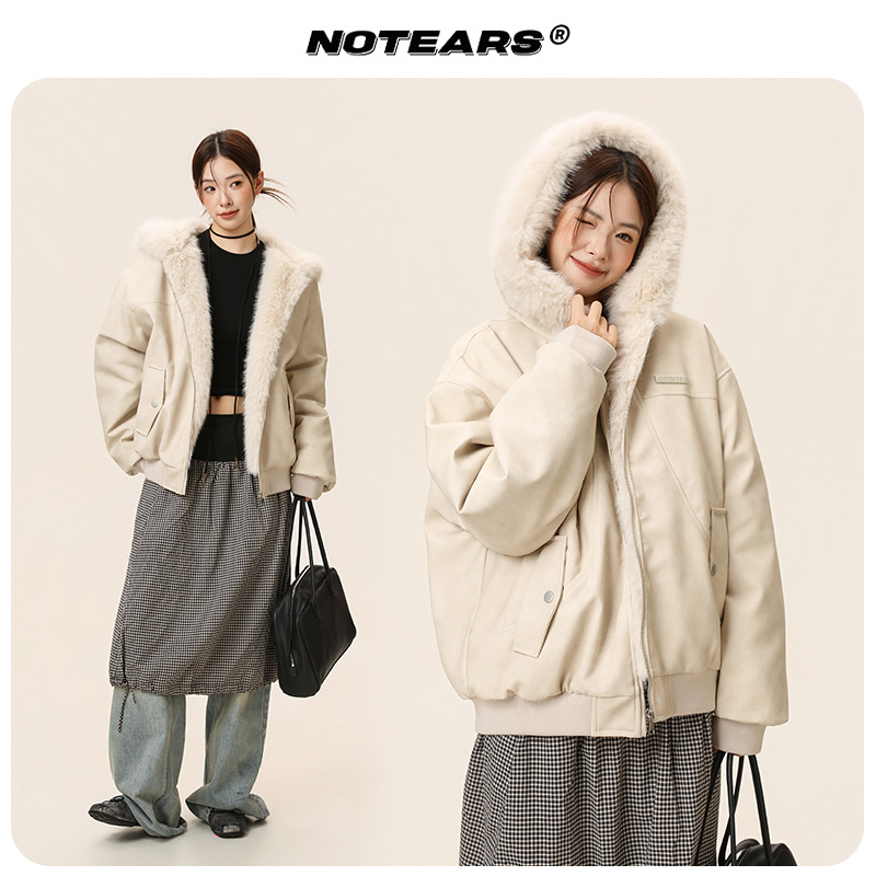 【座山雕毛绒毛领】冬季保暖拼接棉服pu皮夹棉夹克美式派克服M008