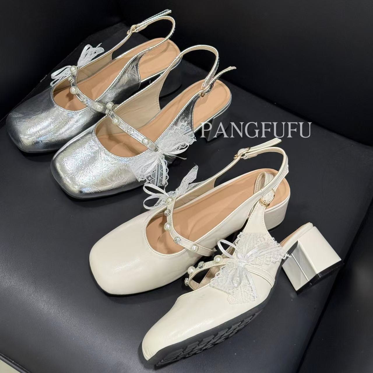 【胖福福大码女鞋】芭蕾风包头凉女鞋蝴蝶结水钻一字带粗跟高跟鞋