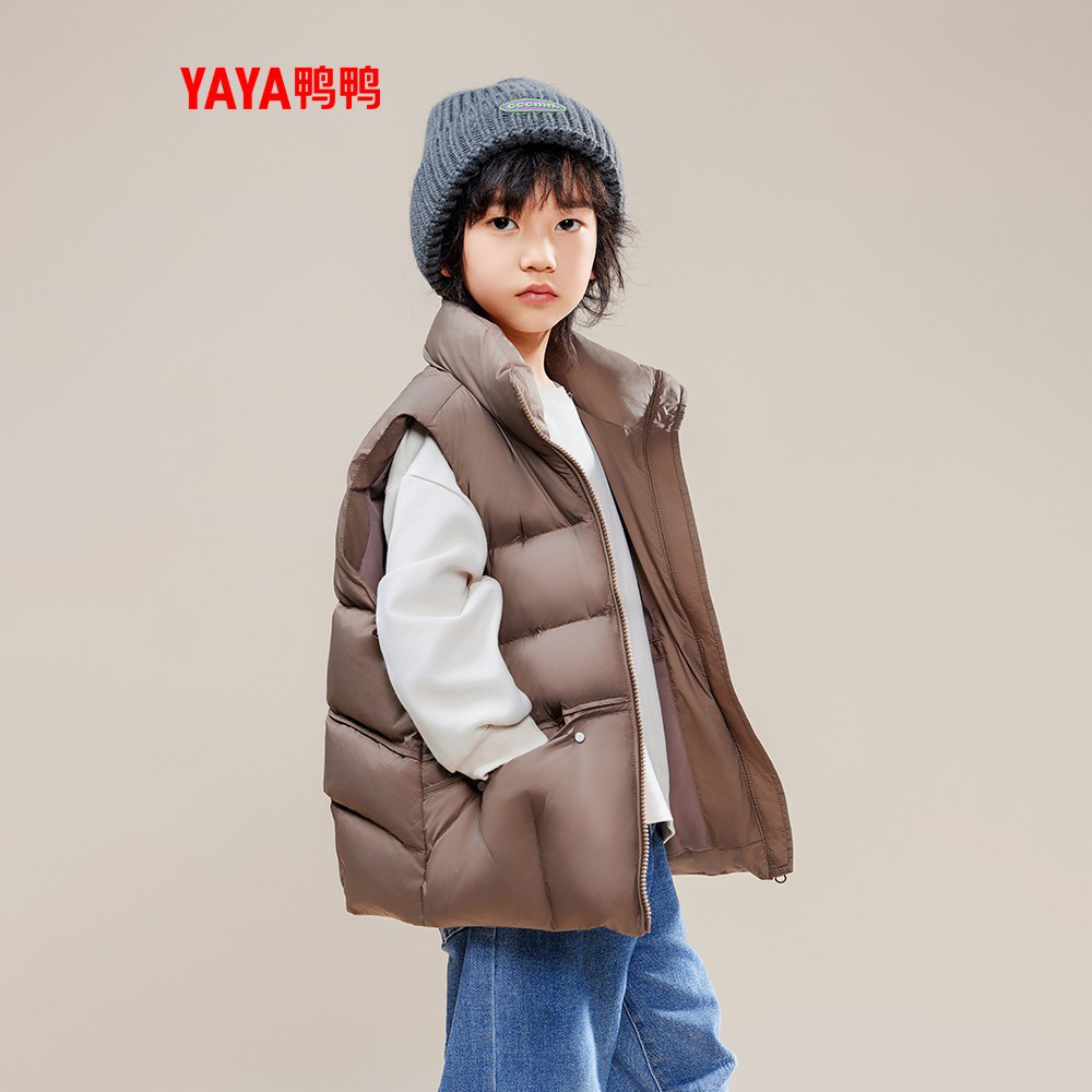 鸭鸭中大童羽绒马甲女2025新品短款简约立领美拉德色马夹保暖马夹