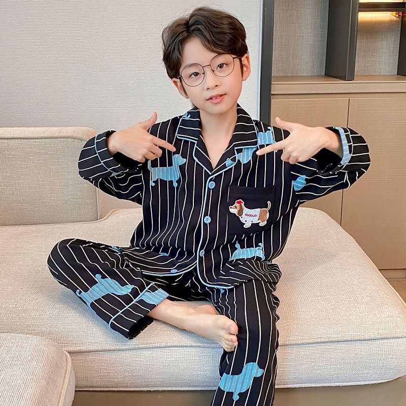 卡通男童睡衣青少年春秋季长袖薄款开衫翻领套装中大童儿童家居服