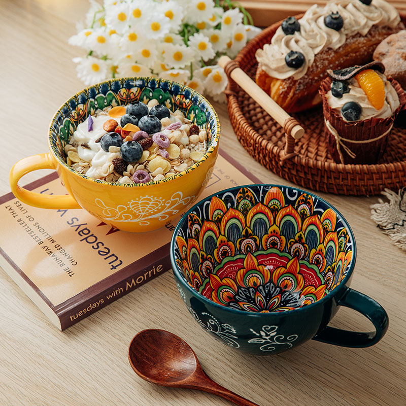 黄绿混装-早餐杯2个装家用创意陶瓷网红釉下彩个性马克杯