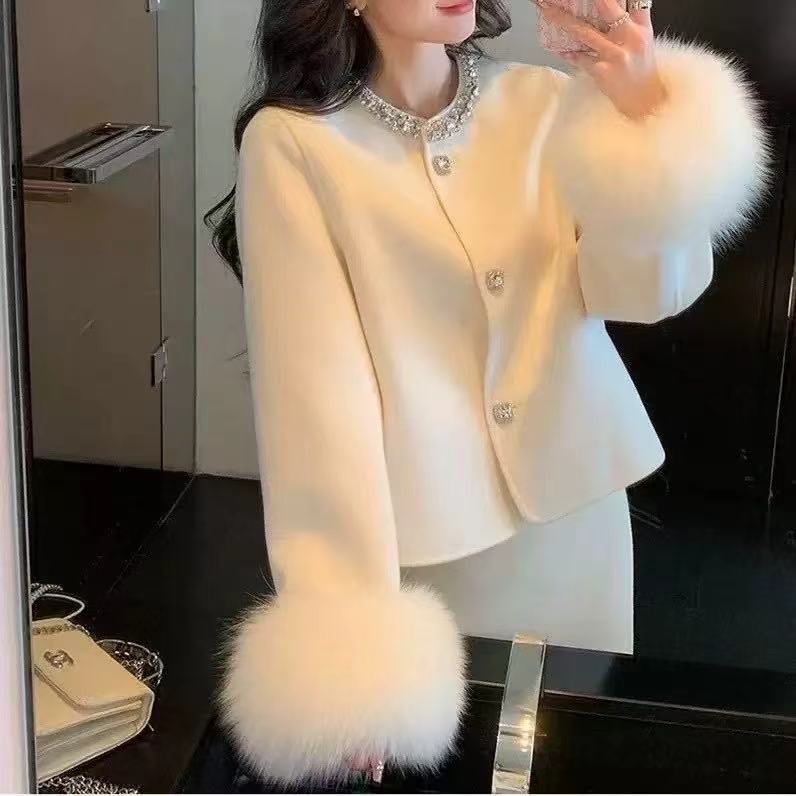 纯色秋冬小香风法式印花双面呢羊毛外套气质百搭女装名媛设计感