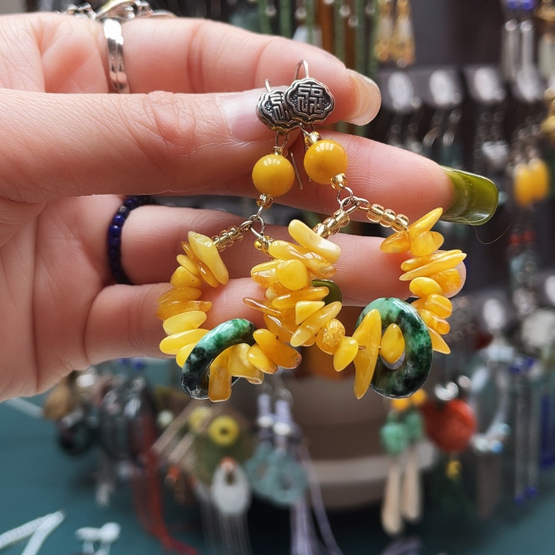 口***眷琥珀银S925镶嵌耳饰饰品