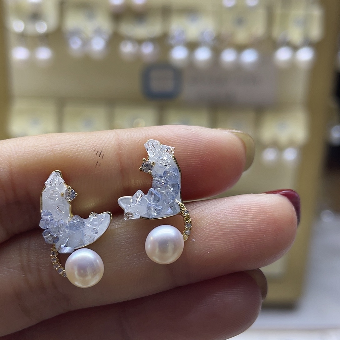 耳饰银S925镶嵌淡水珍珠