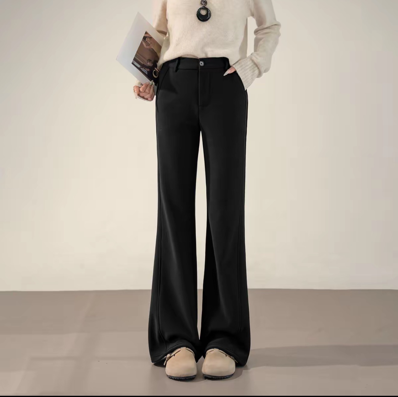 冬季新款纯色加绒加绒保暖显瘦高腰百搭弹力休闲裤加大码