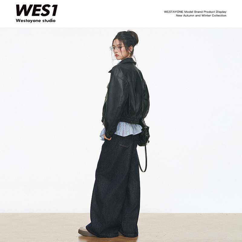 【9.6新品1】WESTAYONE高级感皮衣外套女黑色氛围感+衬衫裙+牛仔裤