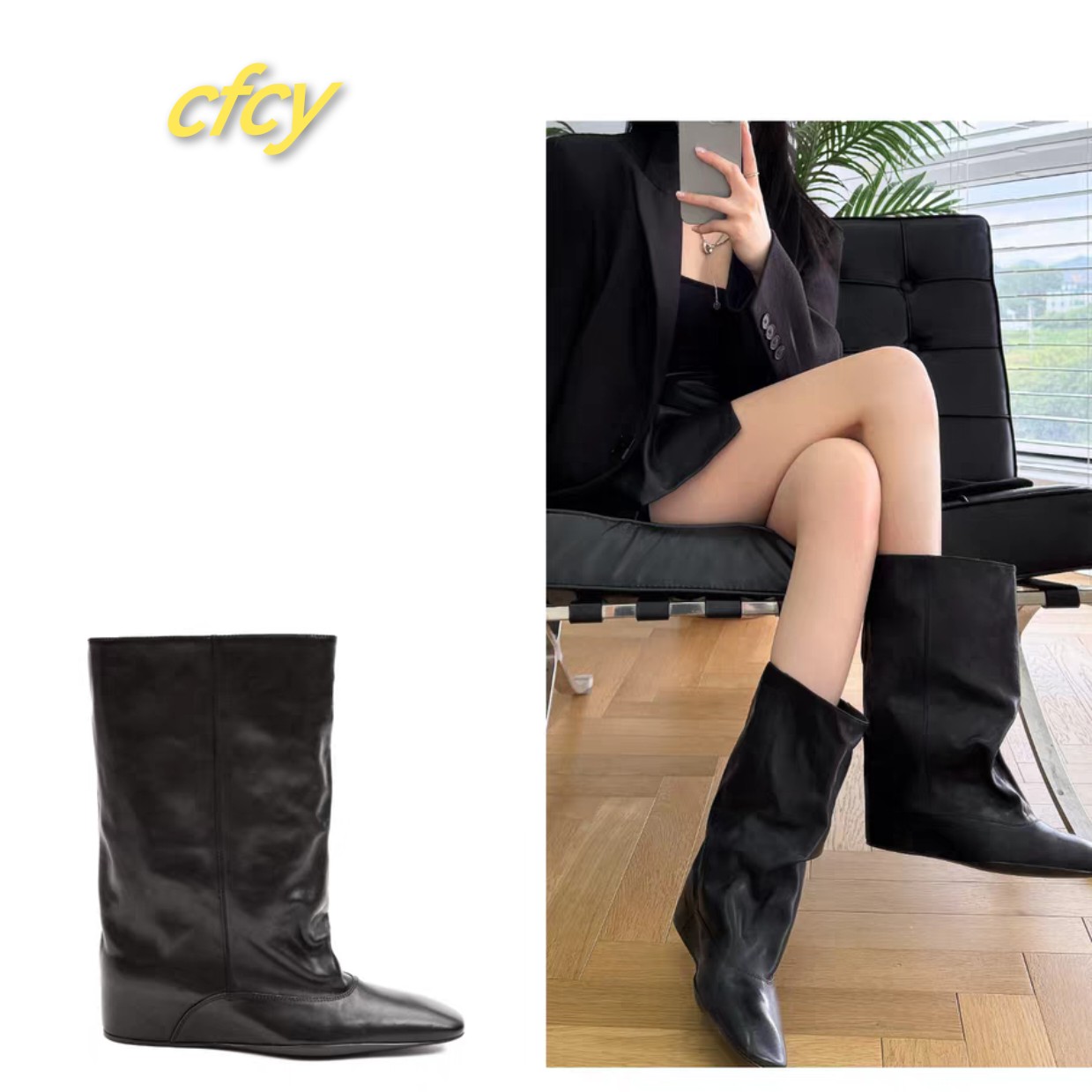 cfcy-时装靴高筒靴时尚高跟厚底秋冬中筒女靴秋季骑士
