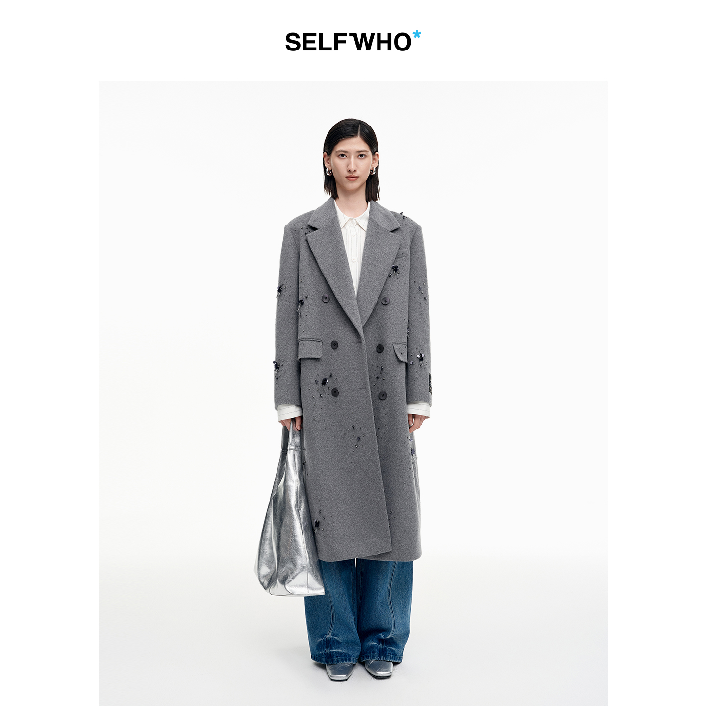 SELFWHO100%绵羊毛钉珠珠片双排扣毛呢大衣女2025秋新款灰色外套
