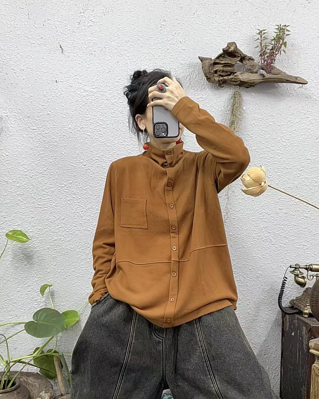 2731-1德绒半领前排竖纽扣长袖上衣（长64胸围118-160