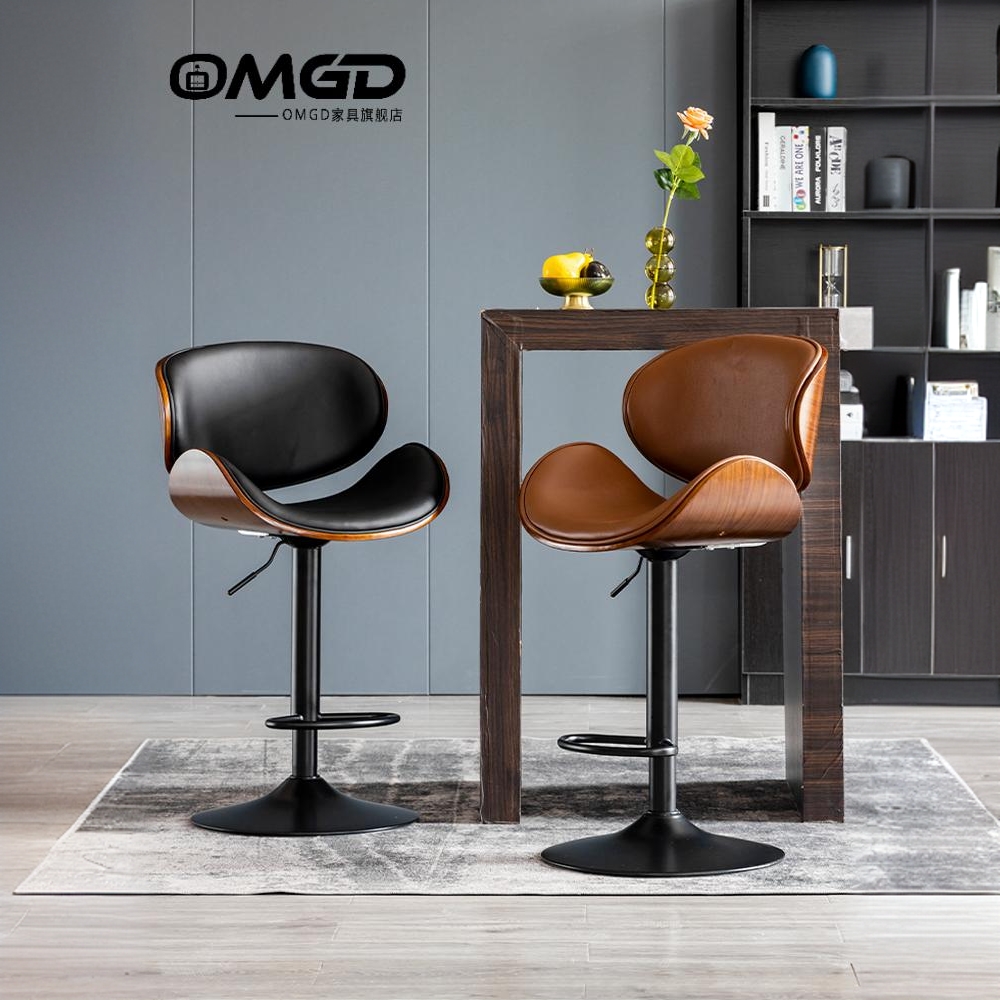 现代简约吧台椅可升降旋转靠背铁艺轻奢前台高脚凳子家用吧椅