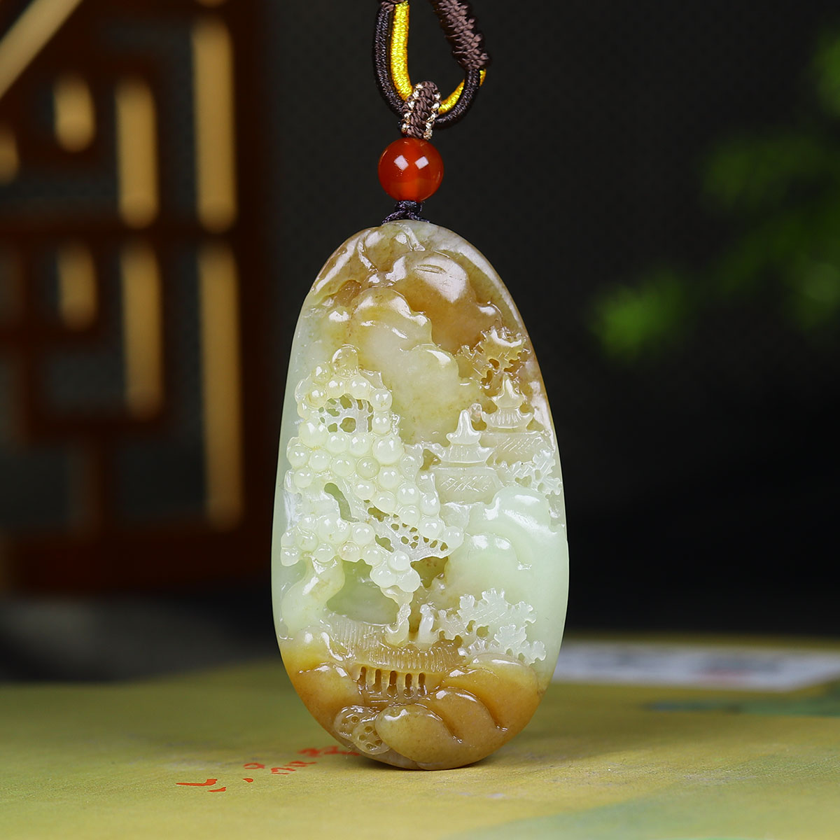 122614和田玉糖白玉山水挂件