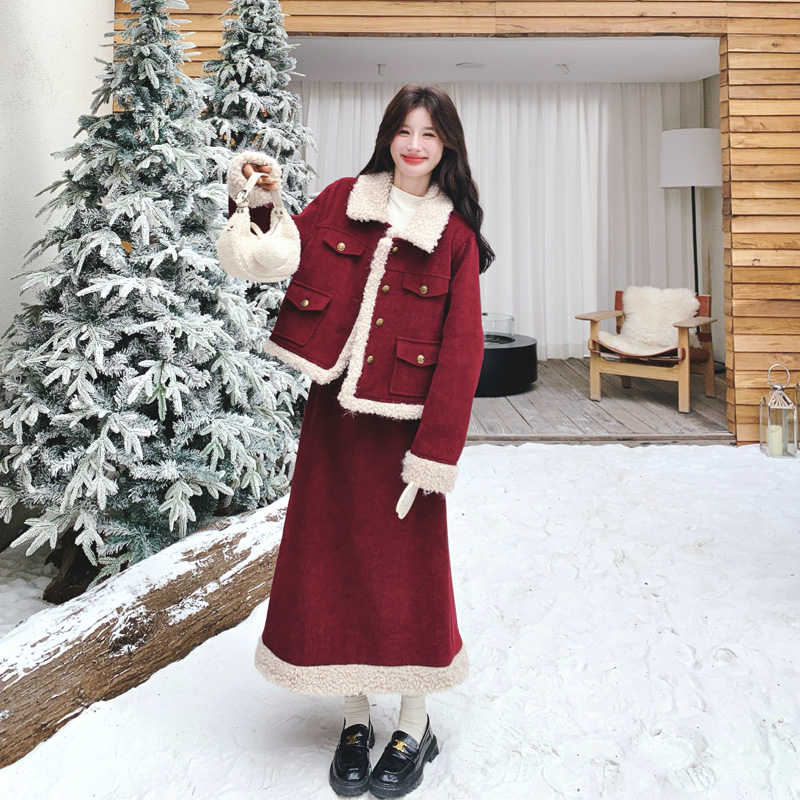 法式复古千金风羊羔毛拼接套装2025冬新款氛围感轻奢ins风两件套