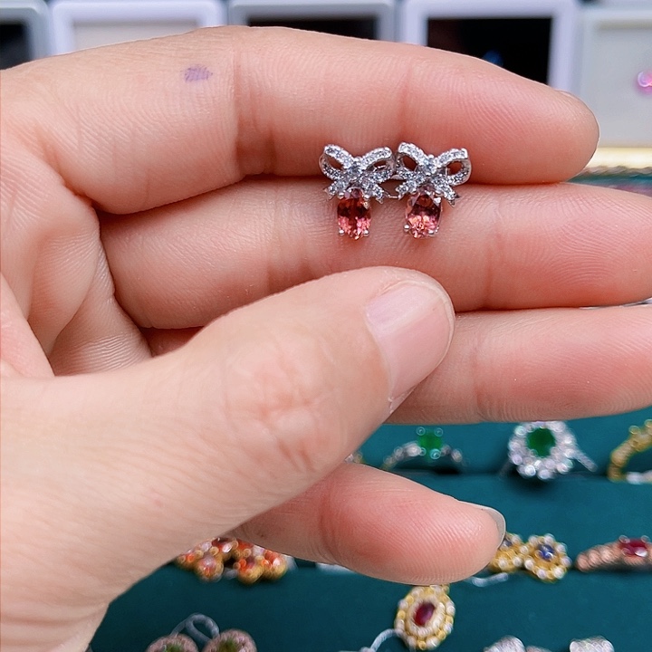 碧玺猫眼耳饰银S925镶嵌