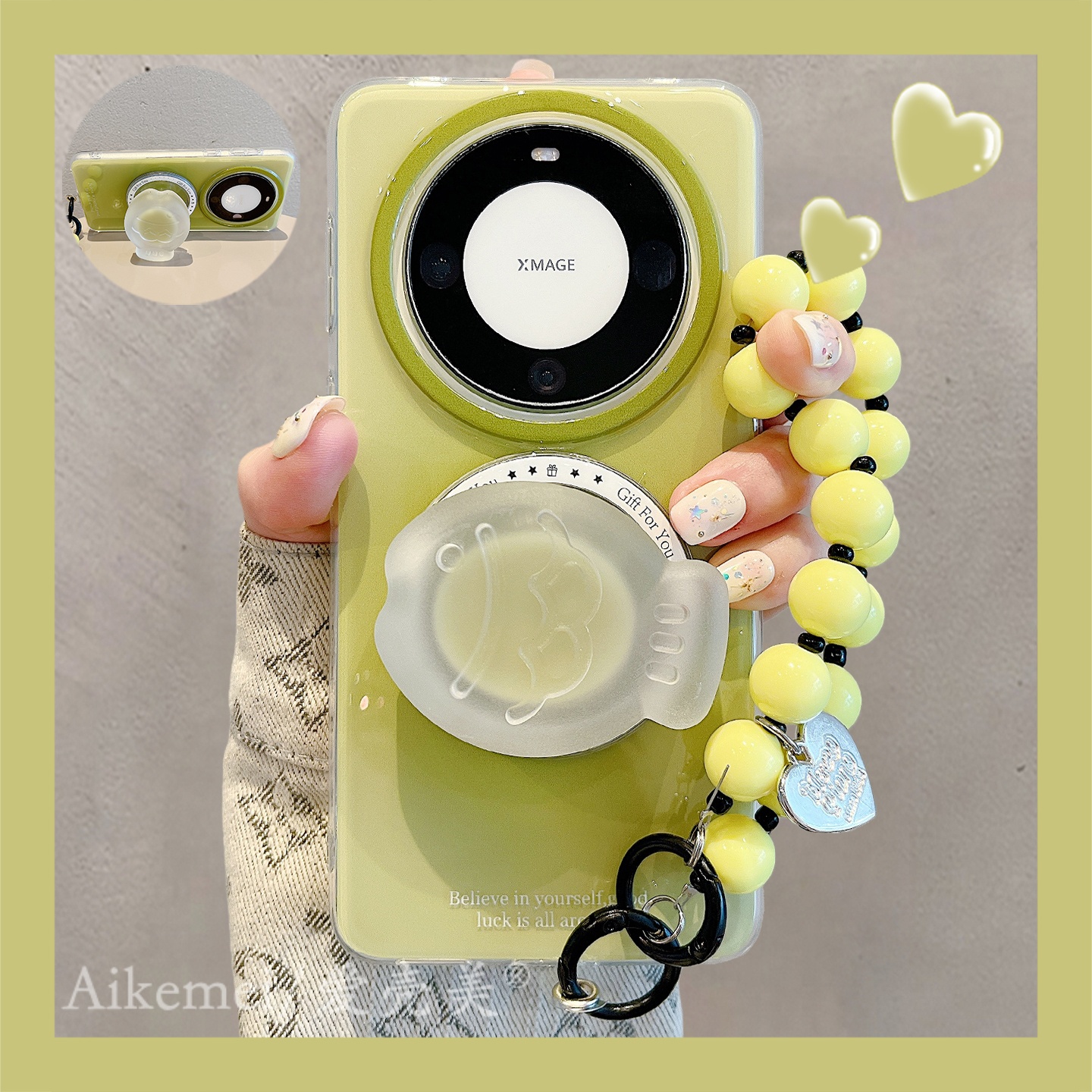 适用华为mate70pro+手机壳绿色晕染mate60pro+小鱼磁吸支架链条女