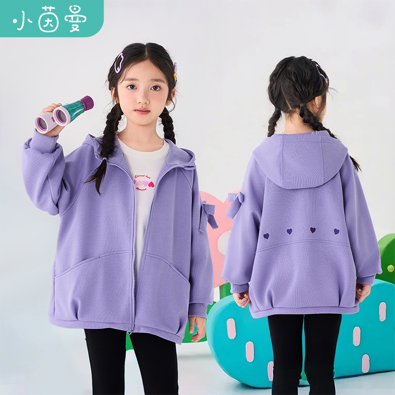 小茵曼女童连帽外套蝴蝶结2025秋中大童宽松休闲上衣GO3851161A