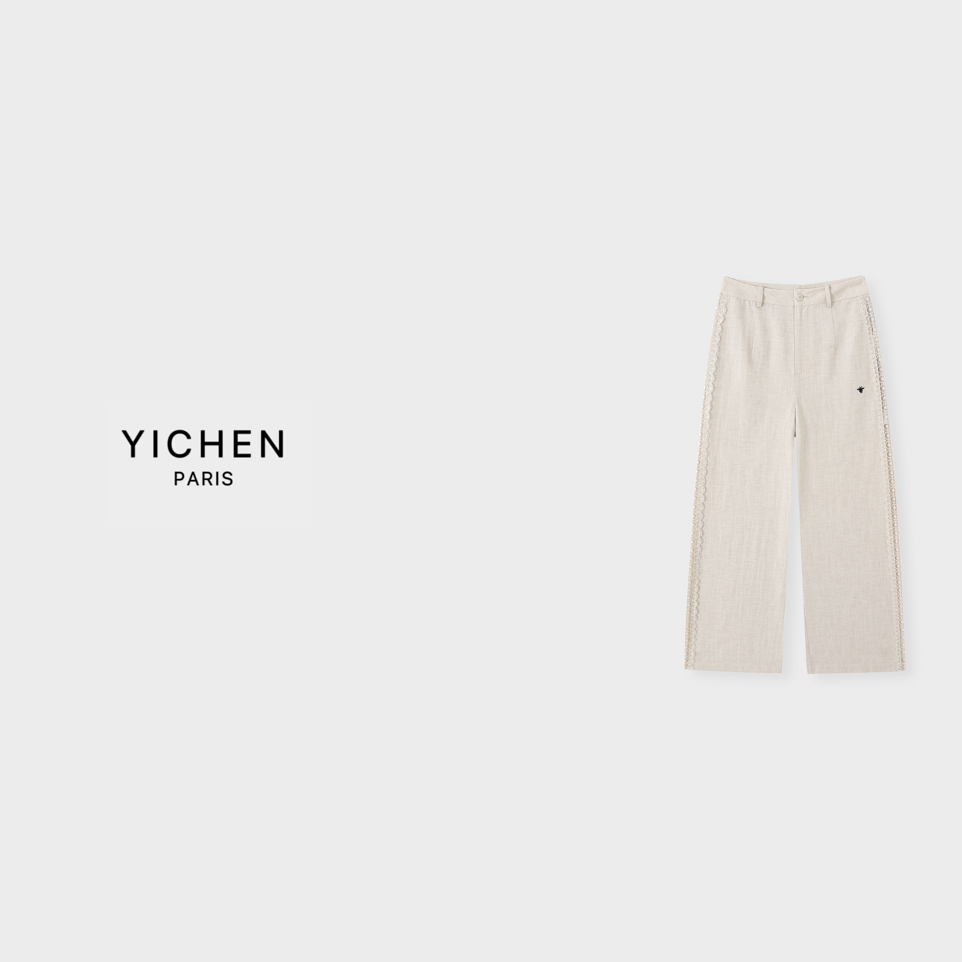 YC 原麻色Dio*刺绣蜜蜂镂空董丝拼接中高腰阔腿裤-5056