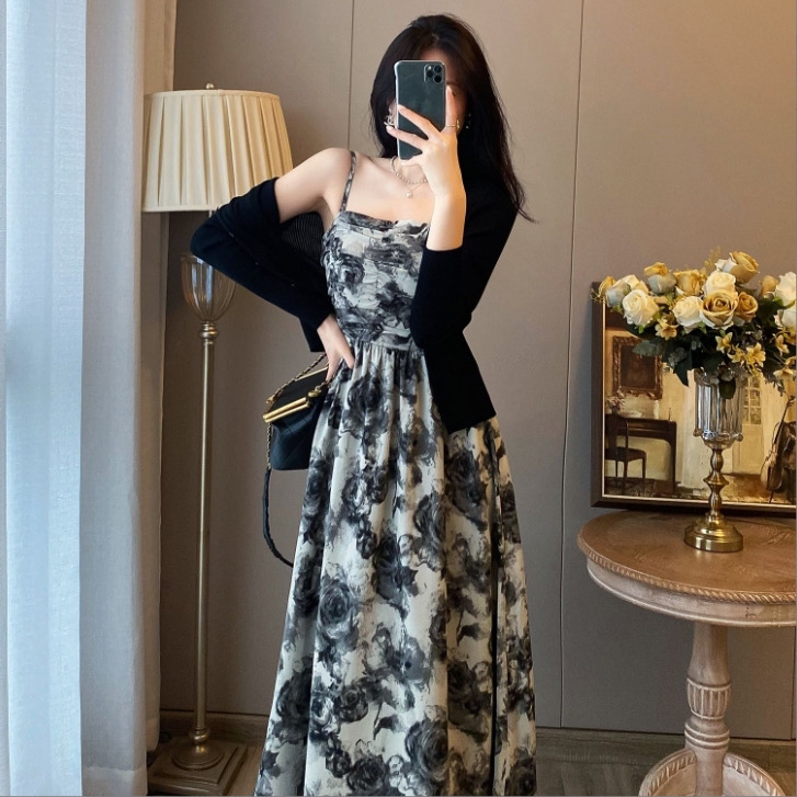 特大码水墨碎花吊带裙套装女2025夏季新款胖mm气质开衫上衣两件套