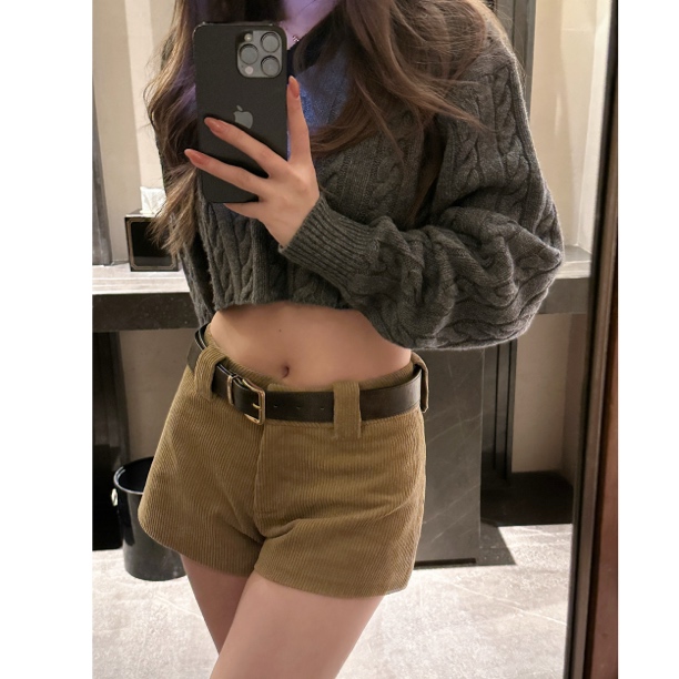 四季款【美式复古卡其灯芯绒短裤】辣妹出街“腰臀比作弊神器