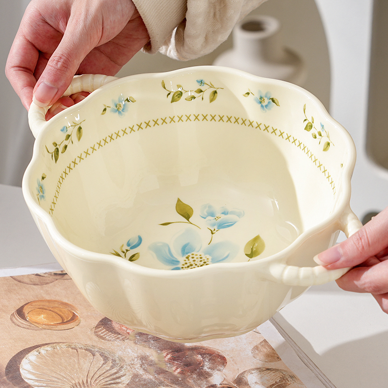 【大汤碗】奶油风兰铃花大容量汤碗勺陶瓷家用汤勺双耳餐具组合