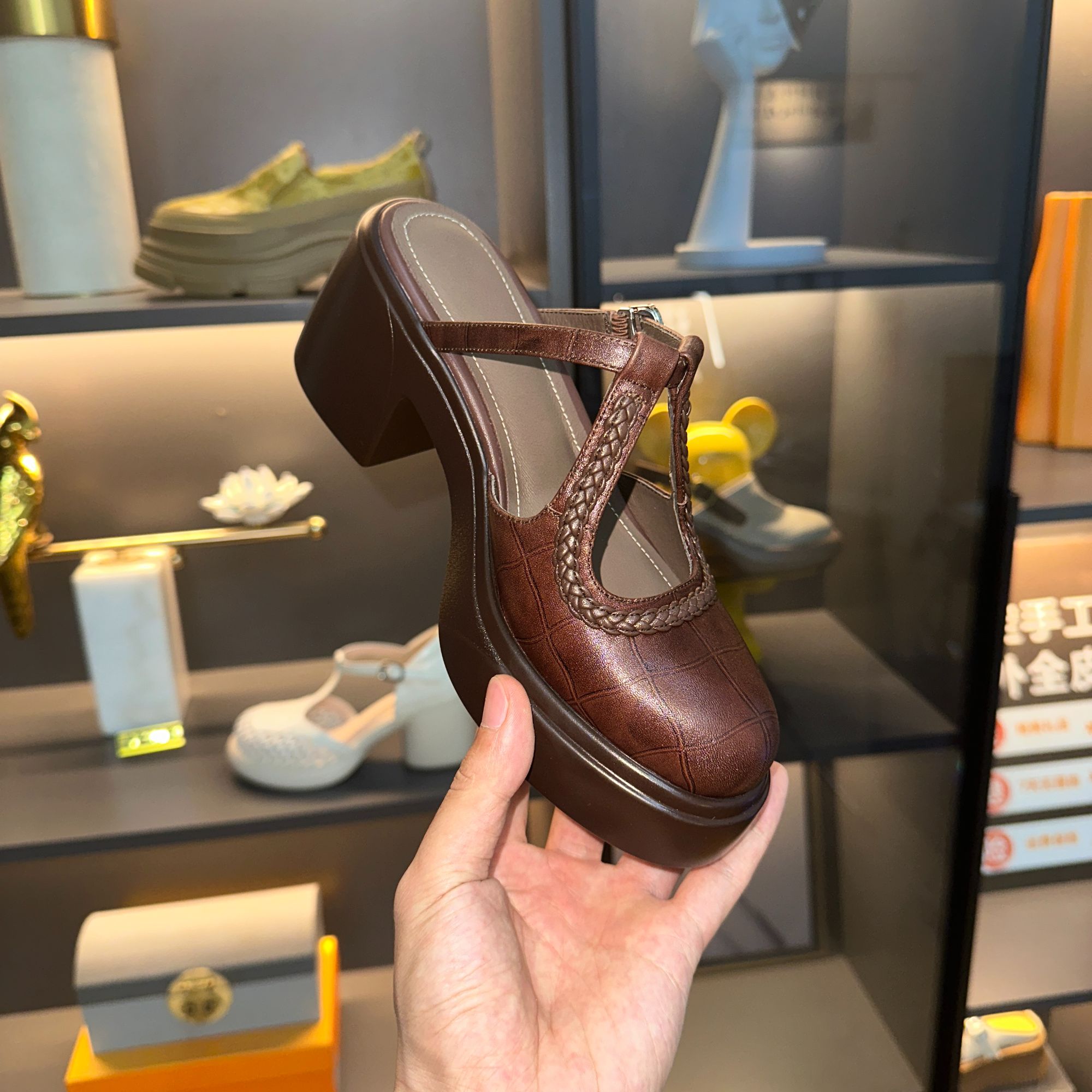 牛皮/7cm/百搭厚底增高跟粗跟圆头夏季外穿真皮中跟包头半拖