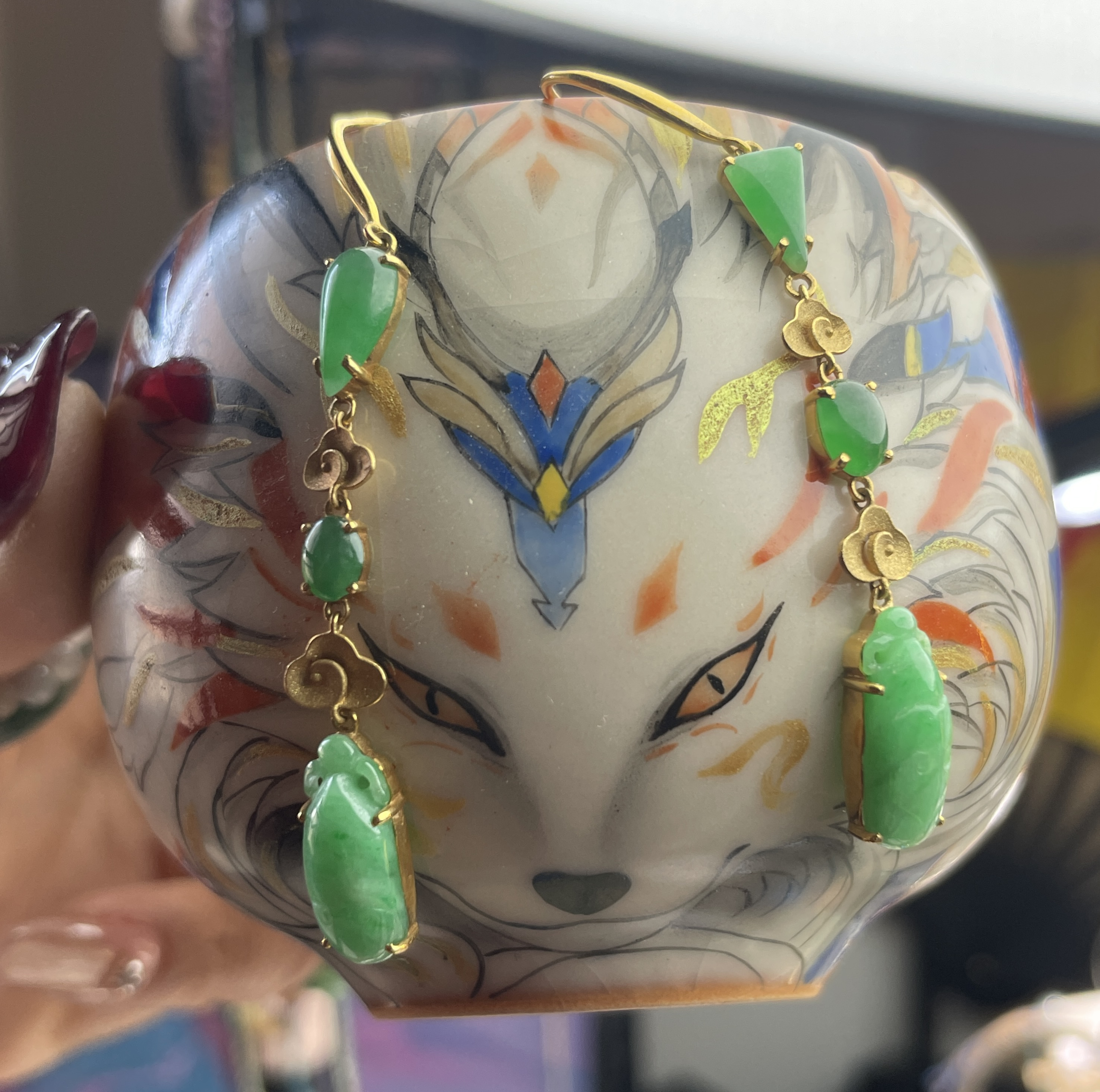 缅甸翡翠A货阳绿复古特色如意耳坠