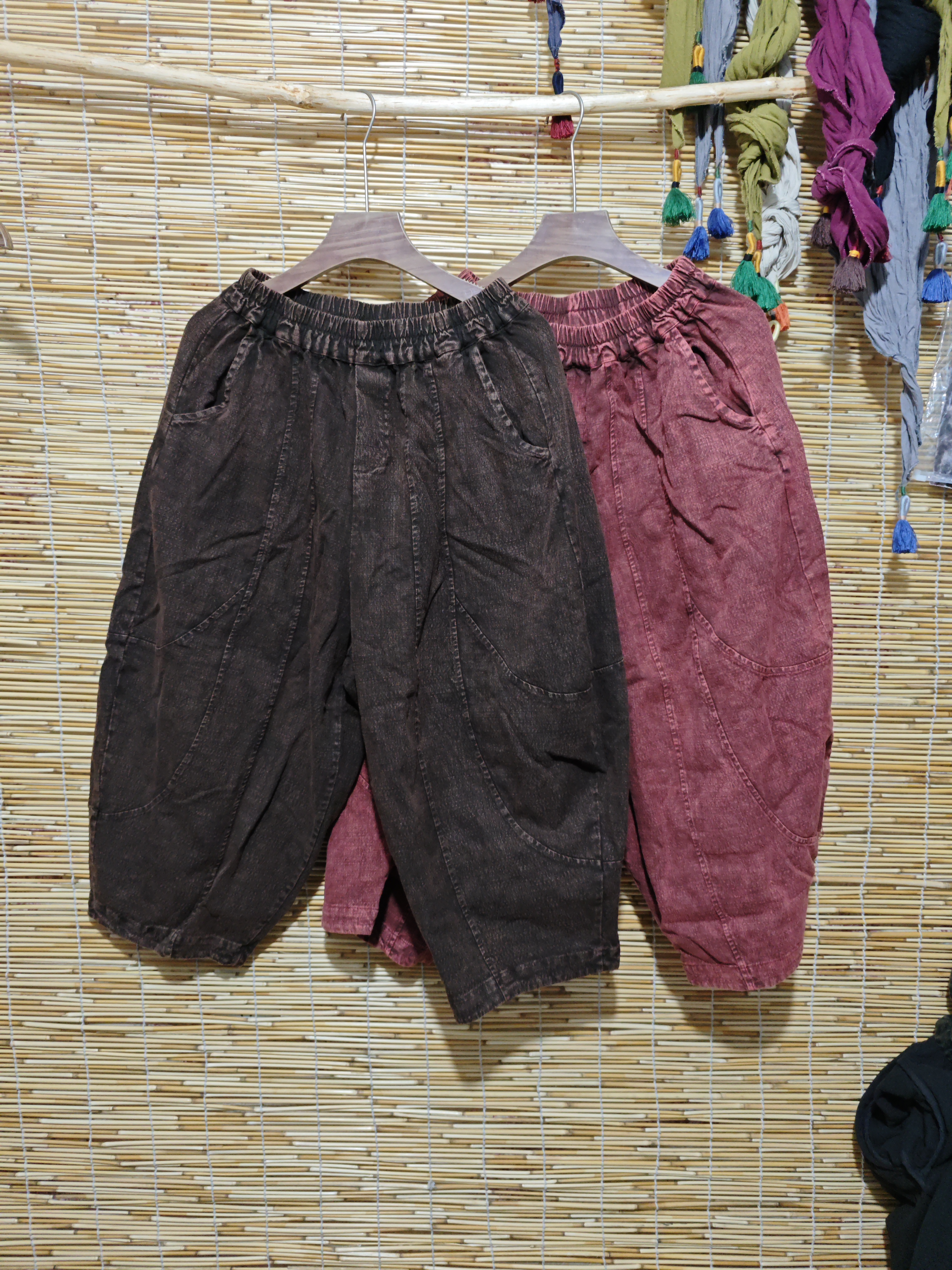 复古休闲夏季砂洗亚麻南瓜裤多片拼接松紧腰休闲八分裤㇏