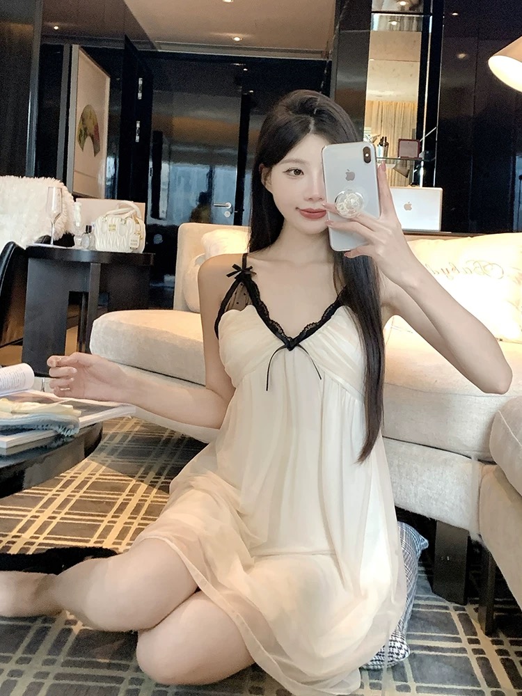 【花馨】上小楼性感睡衣女2025夏季甜美吊带蕾丝复古双层纱睡裙薄款