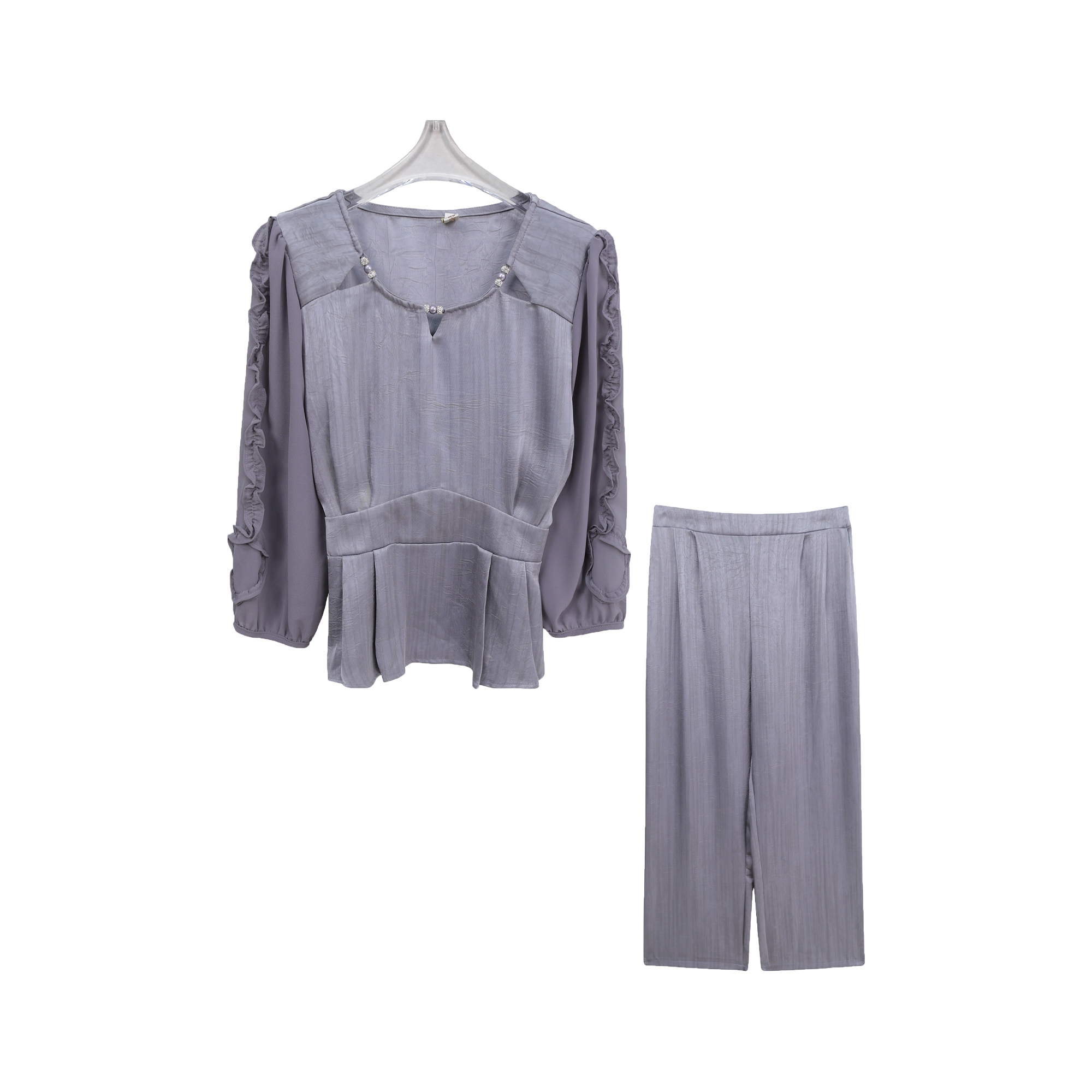 气质肌理感暗纹拼接上衣垂感休闲裤套装C14029