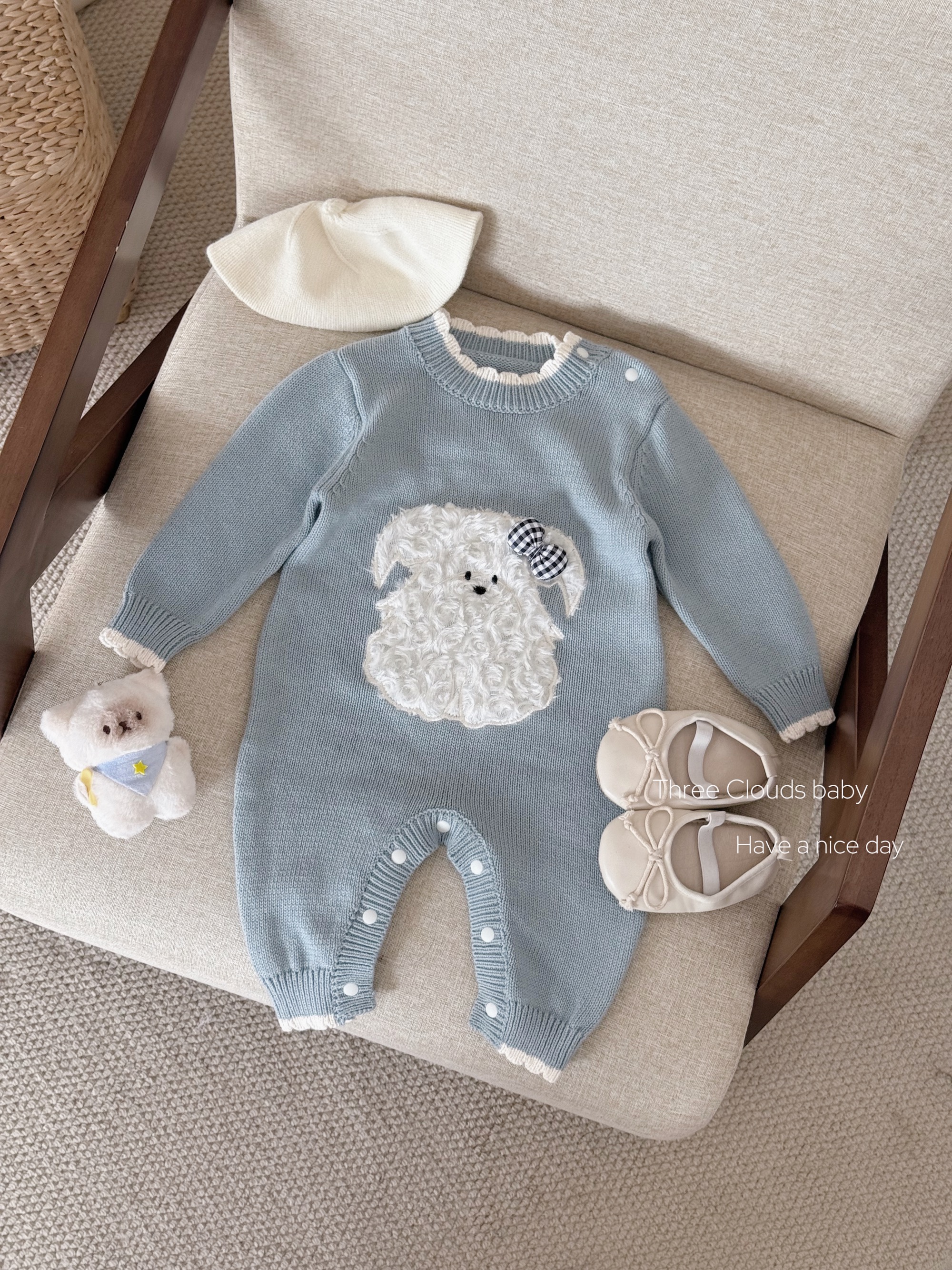 三小朵2669【快乐小狗】婴幼儿女童宝宝针织爬服秋季蓝色针织棉