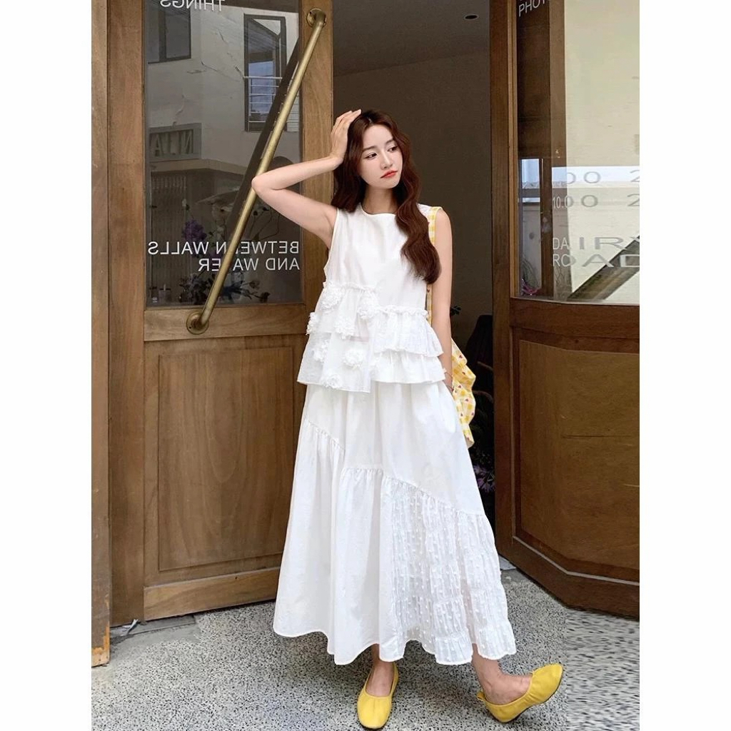 Y128833-G2026年夏女装圆领白色玫瑰花语上衣半身裙两件套Y