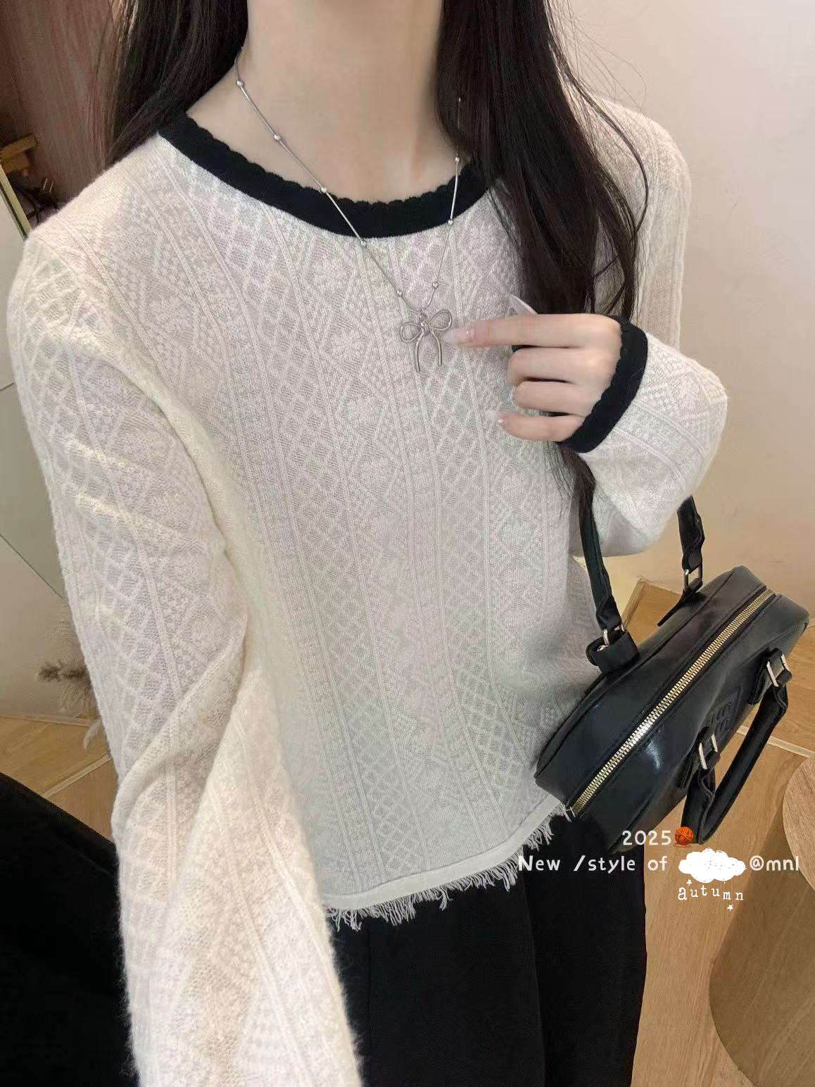 2025新款设计感撞色拼接流苏针织衫女镂空短袖T恤软糯上衣时尚