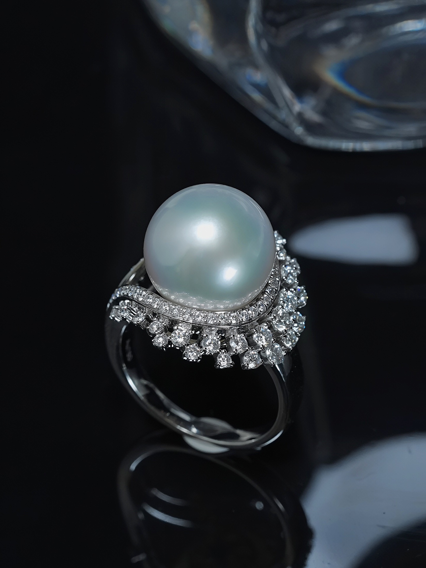 美珍真 18K金镶嵌钻石 澳白珍珠戒指 12-13mm 海水珍珠 时尚百搭