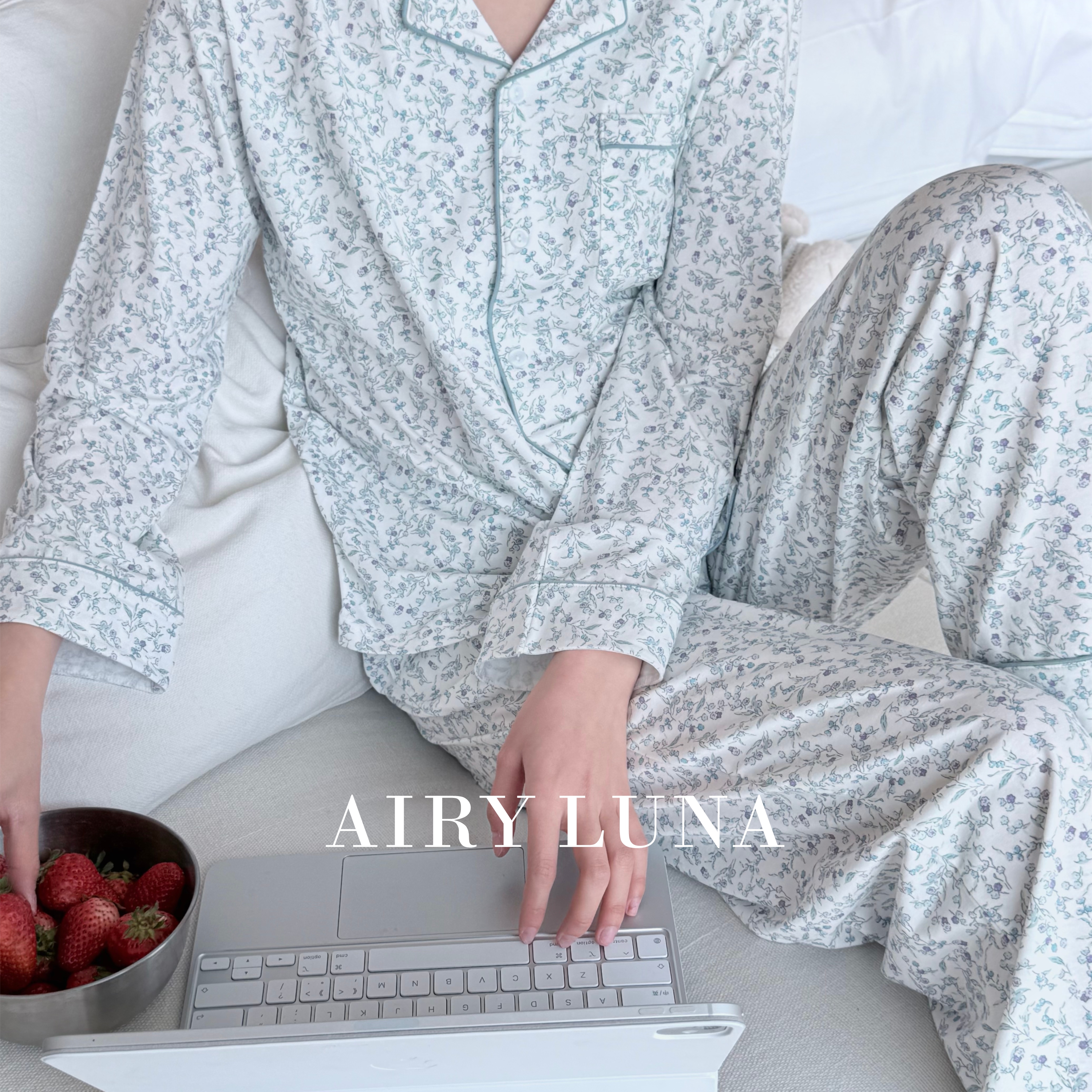 春夏奥地利进口兰精莫代尔棉长袖长裤V领印花睡衣女家居服套装