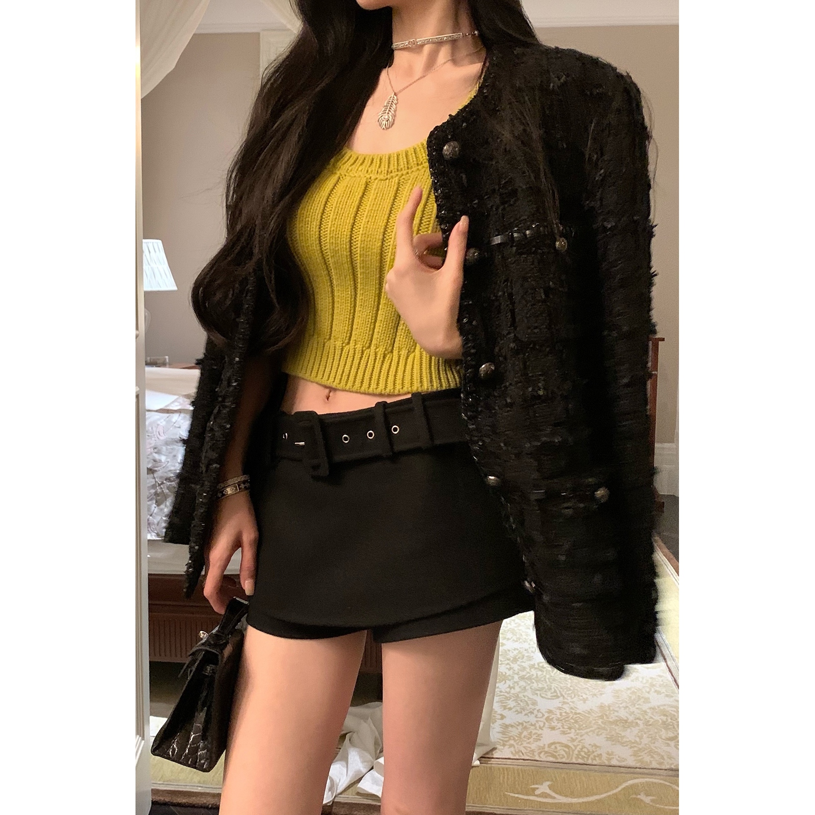 FBB limit冬季新款显腿长半身裙带腰带面里同料毛呢裙裤D244198F